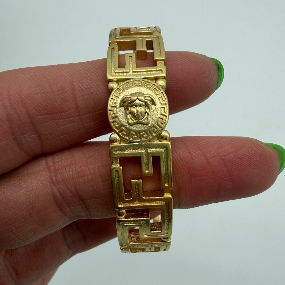 Fendace Fendi Versace Gold Tone Greek Key Medusa Single Hoop Earring Italy